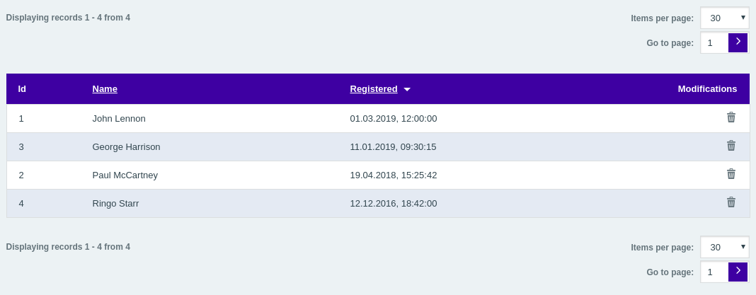 Basic grid with pagination, ordering and delete column
